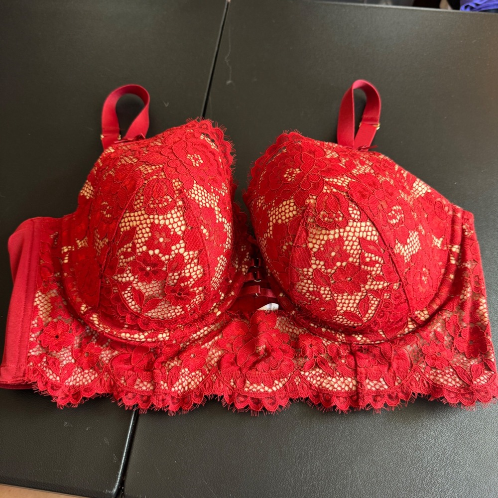 Cacique Womens Longline Balconette Bra 42DD Red Floral Lace Strappy Romantic - Picture 2 of 8